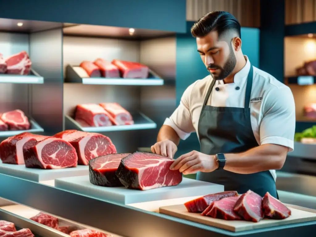 Un carnicero experto selecciona con precisión un filete de Wagyu, mostrando su veteado