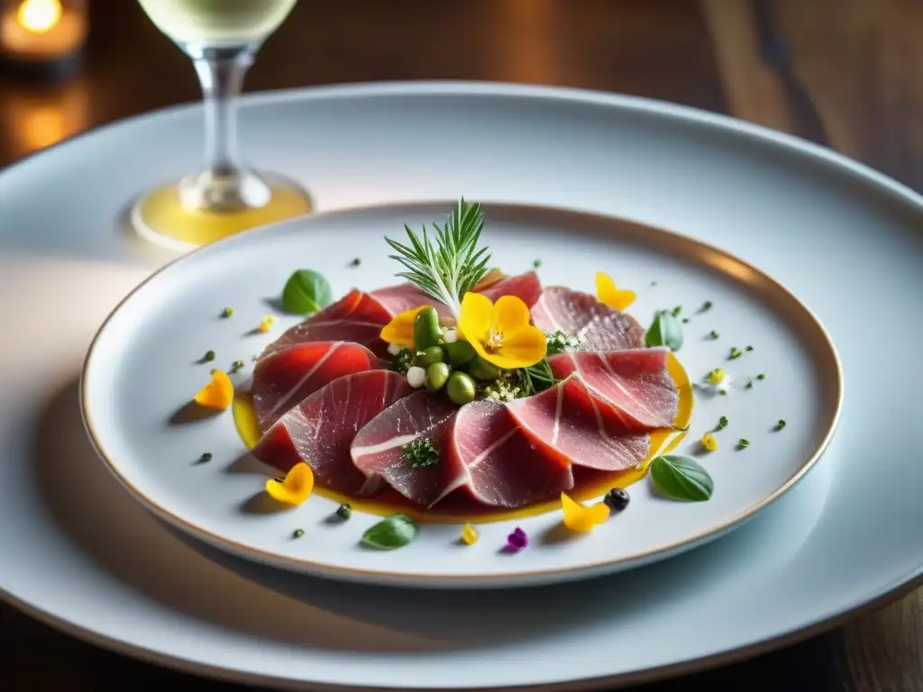 Carpaccio gourmet en elegante restaurante italiano: finas láminas de carne cruda, aceite de oliva, parmesano y flores comestibles