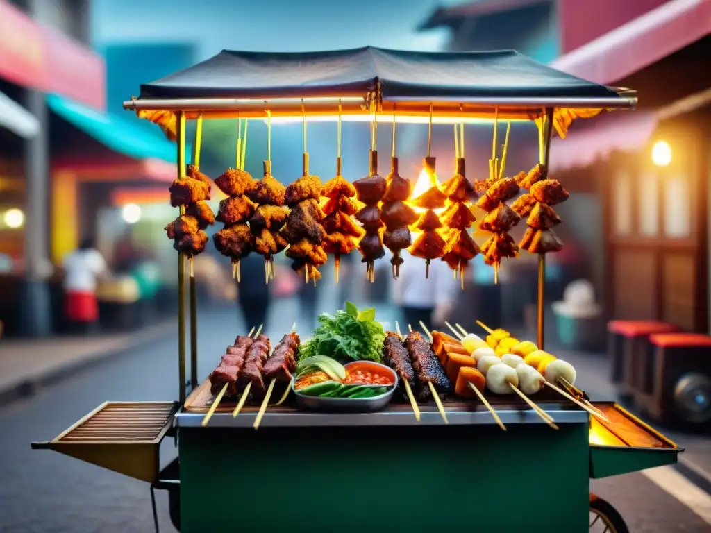 Un carrito callejero de Sate Indonesia sabores gourmet, con coloridos pinchos de carne a la parrilla sobre brasas brillantes