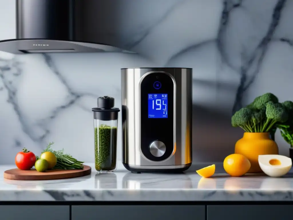 Evolución del sousvide en casa: Máquina moderna en cocina elegante con accesorios y luces ambientales