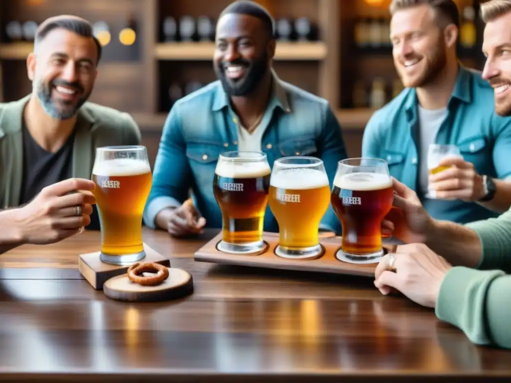 Una cata de cervezas artesanales principiantes: grupo diverso probando cervezas alrededor de una mesa rústica con accesorios de cata