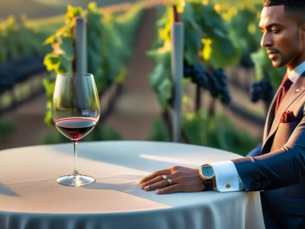 Sommelier elegante sirviendo vino en viñedo al atardecer Sommelier en cata privada de vino cambia paladar al atardecer