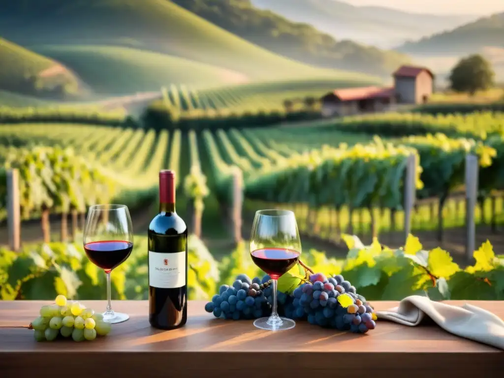 Cata de vinos en un entorno idílico con copas de vino tinto en una mesa de madera, rodeada de viñedos bajo la cálida luz del atardecer