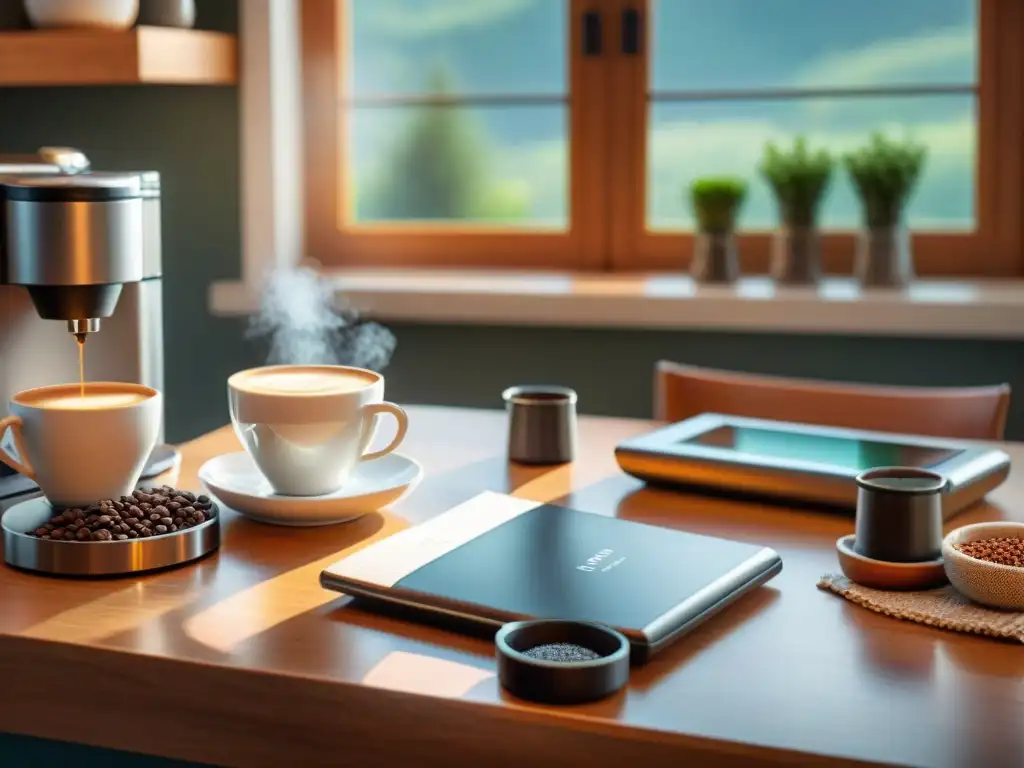 Catado de café en casa para principiantes: mesa acogedora con tazas, cafetera y utensilios, iluminada por la luz del sol