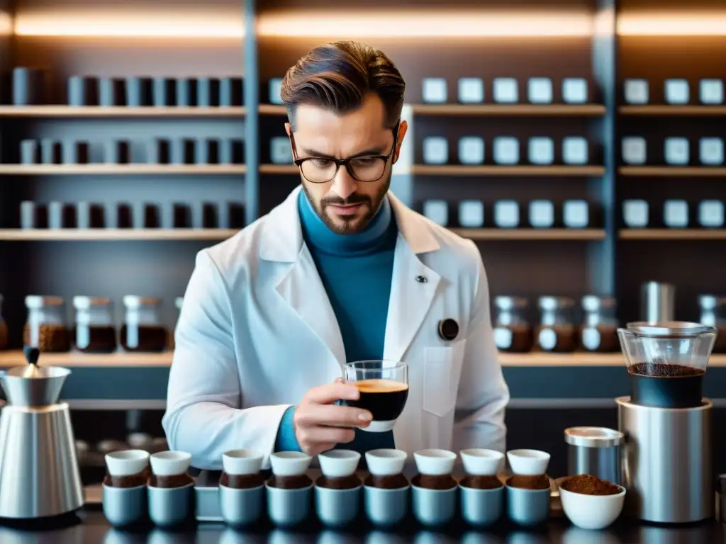 Catado de café en casa para principiantes: Persona probando café con precisión en un ambiente científico, rodeada de granos y equipamiento