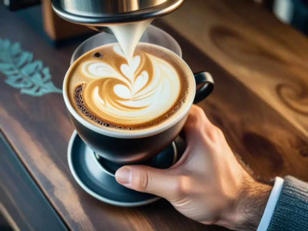 Catado de café: Detalle de una mano sosteniendo una taza de café recién preparado, con patrones de crema y café