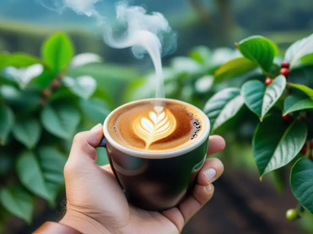 Catado de Café Variedades Arábicas: Detalle de mano sosteniendo una taza de café recién hecho, con vapor y plantaciones de café de fondo