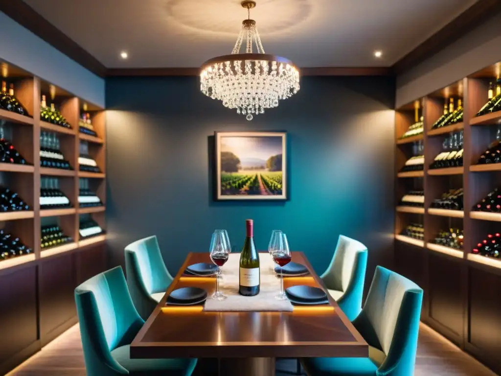 Exclusiva sala de cata de vinos de lujo Catas privadas de vino en ambiente refinado con elegantes mesas de madera, copas de cristal y botellas de vinos prestigiosos