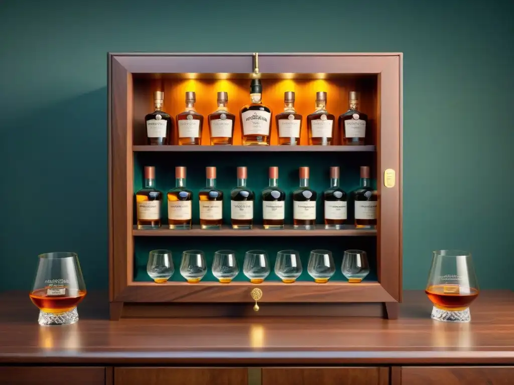 Una cautivadora selección de whiskies en un elegante mueble de madera, ideal para regalar en ocasiones especiales