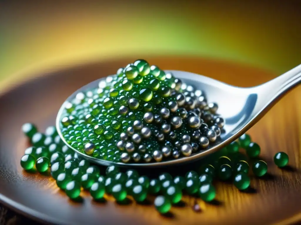 Caviar vegetal gourmet exquisito: Una cuchara plateada recoge delicadamente caviar verde brillante, reflejando lujo y sofisticación