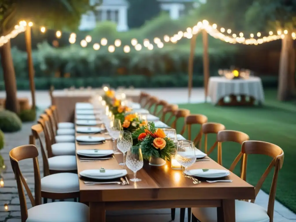 Una cena PopUp de alta gastronomía en un jardín elegante iluminado por luces suaves