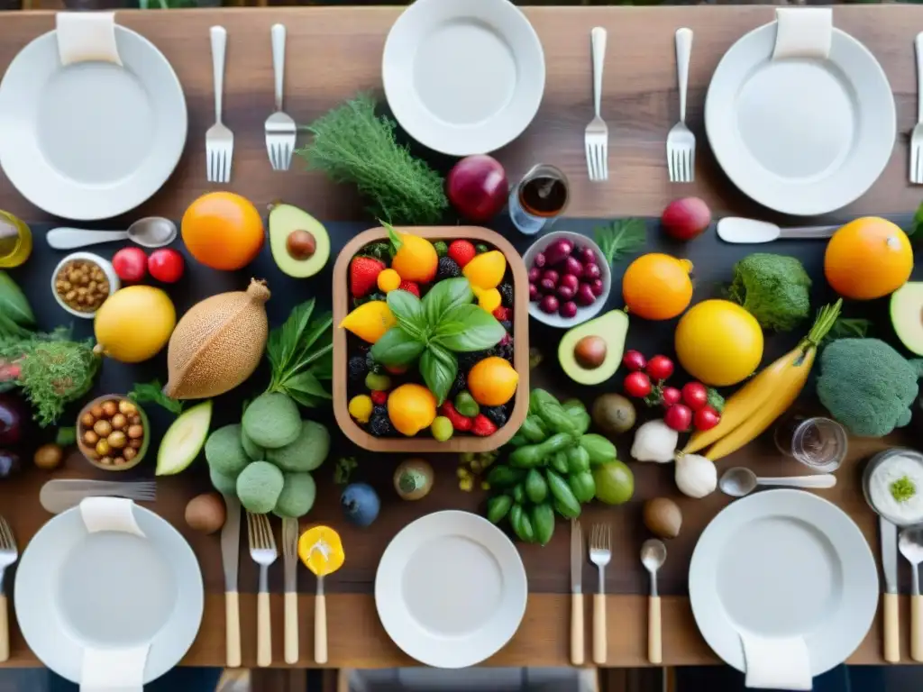 Una cena gourmet de alimentos orgánicos bellamente dispuesta en una mesa de madera rústica, resaltando la frescura y vitalidad de los ingredientes