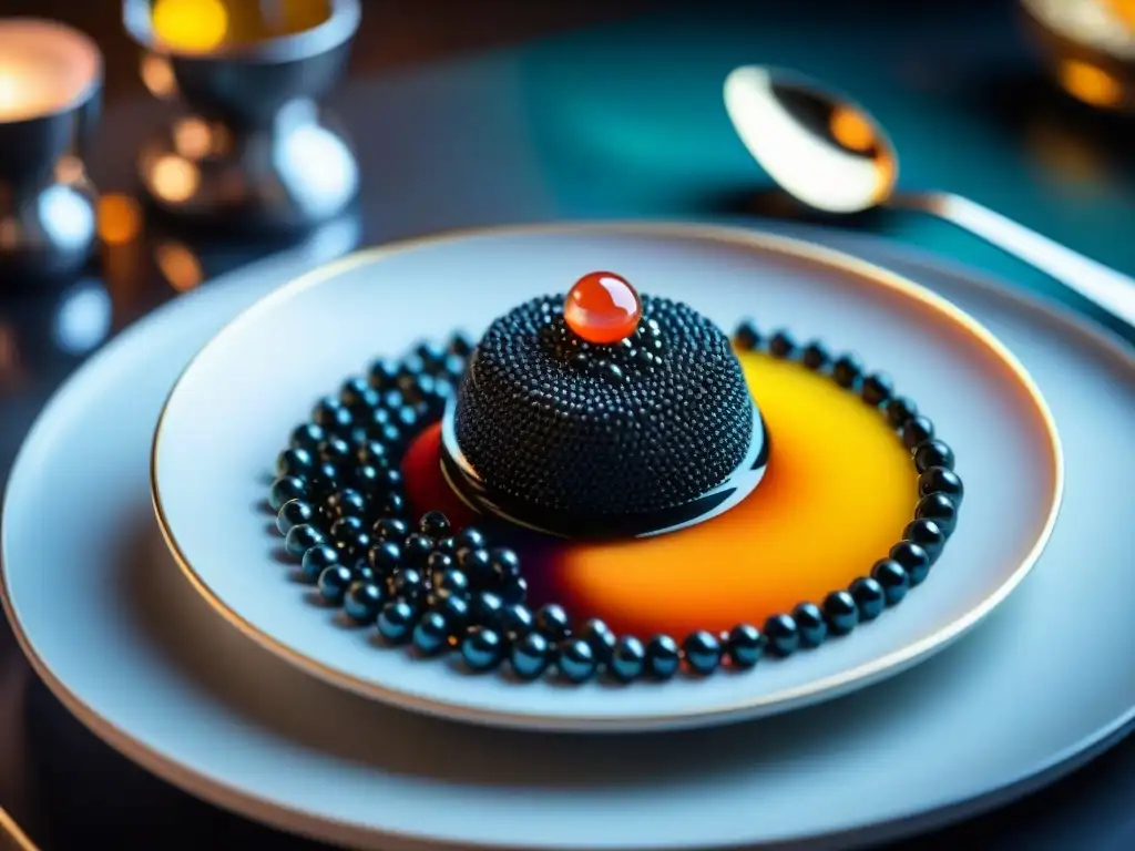 Cena de lujo con caviar vegetal gourmet exquisito y elegante vajilla, iluminación suave