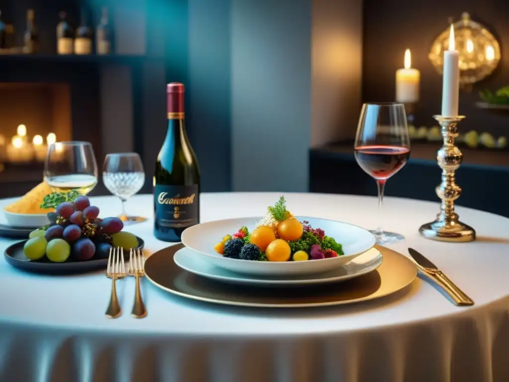 Una cena de lujo con maridajes de vino y comida en una mesa elegantemente decorada