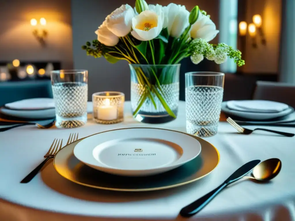 Cena PopUp consejos gourmet: Mesa elegante con mantel blanco, cristalería brillante y flores frescas en jarrón de cristal