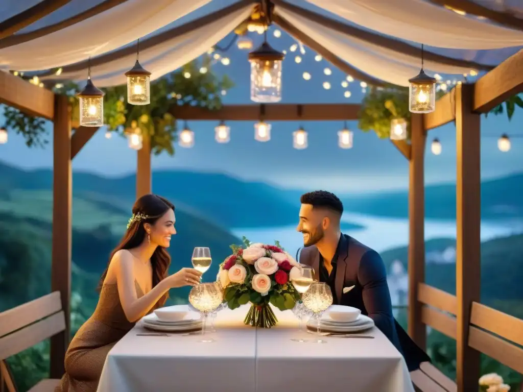 Una cena romántica en un festival al aire libre, bajo luces de hadas entre plantas y flores coloridas