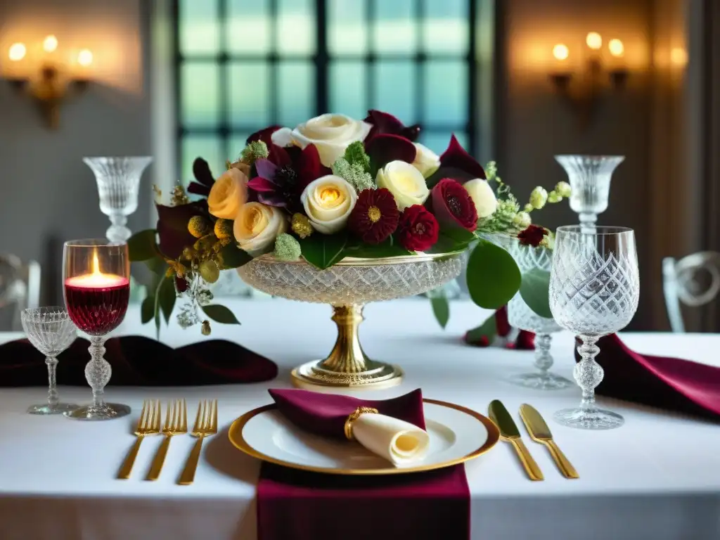 Un centro de mesa elegante y refinado con arreglos florales en tonos de burdeos, oro y blanco, en un jarrón de cristal