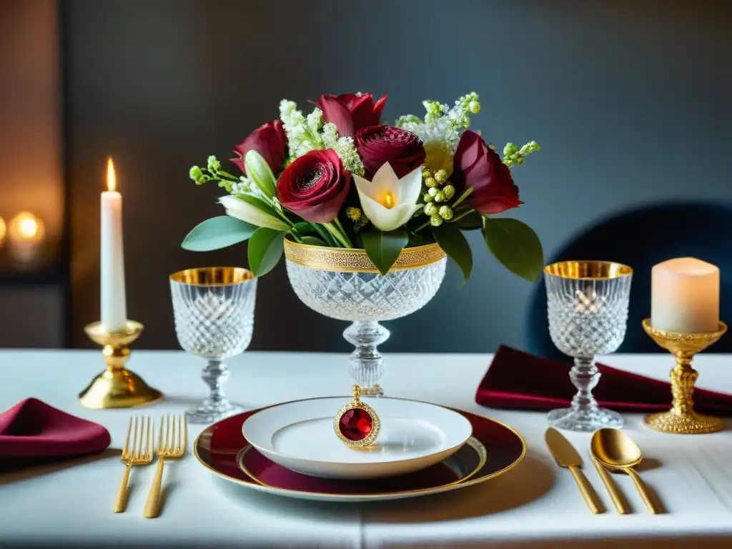 Un centro de mesa elegante y refinado con flores vibrantes en tonos rojo, rosa y blanco, rodeado de candelabros dorados