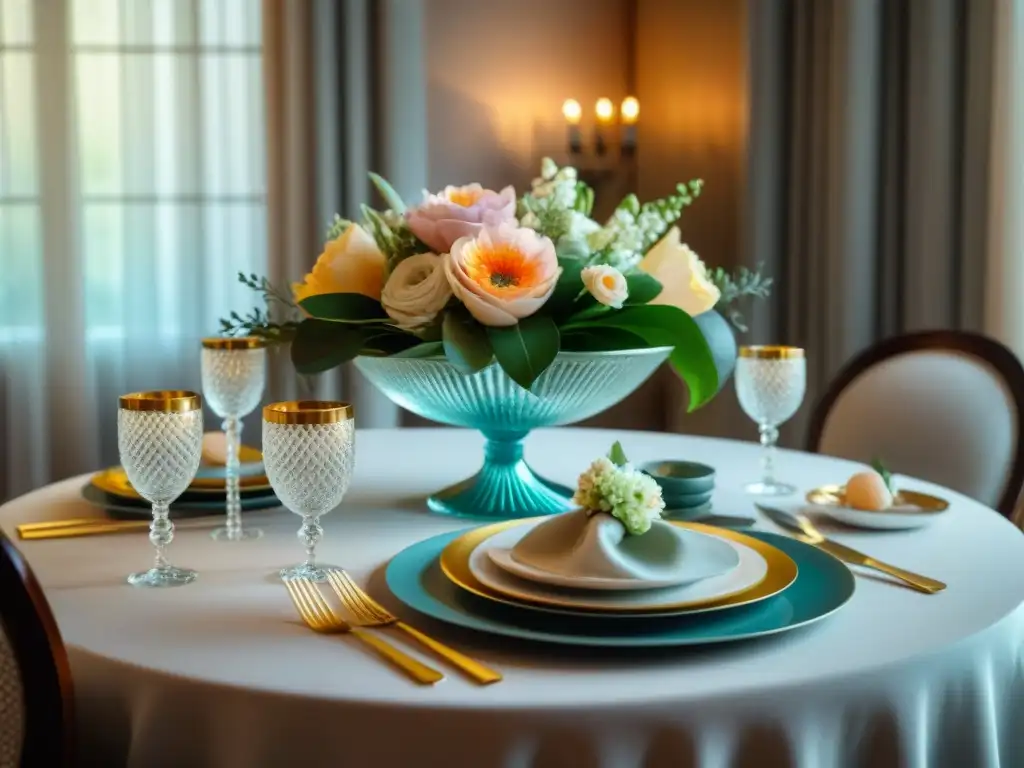 Un centro de mesa elegante y refinado en una mesa de comedor exquisitamente decorada