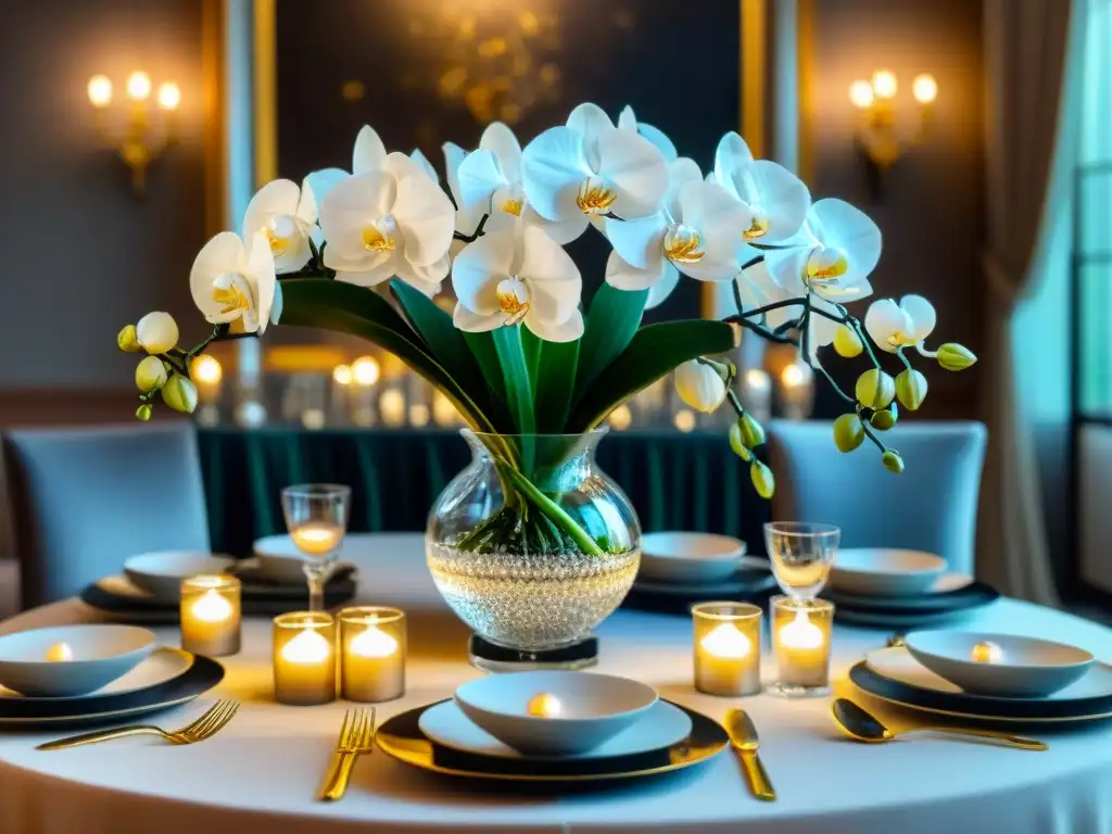 Centros de mesa elegantes refinados: una lujosa composición con orquídeas blancas, velas doradas y elegante vajilla