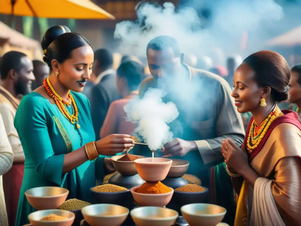 Una ceremonia de cata de café tradicional en un bullicioso mercado etíope