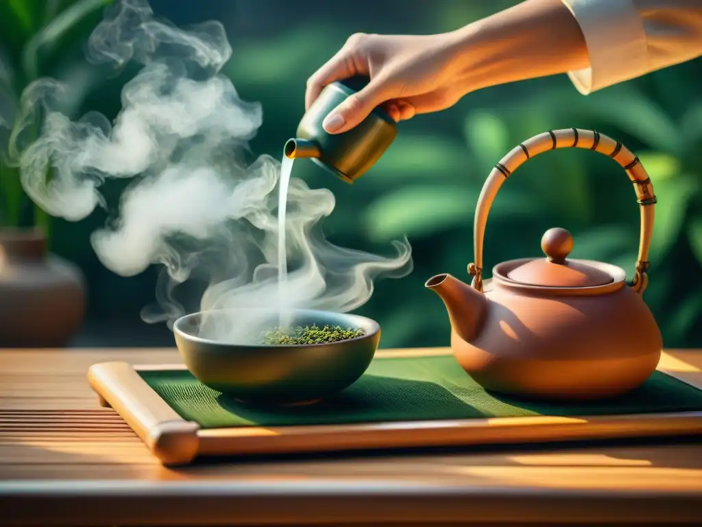 Una ceremonia de té china tradicional detallada, mostrando la preparación de Té Oolong