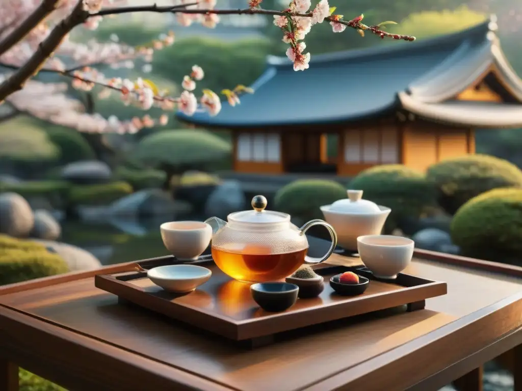 Una ceremonia de té elegante con tés gourmet raros exóticos, en un jardín japonés sereno bajo cerezos en flor al atardecer