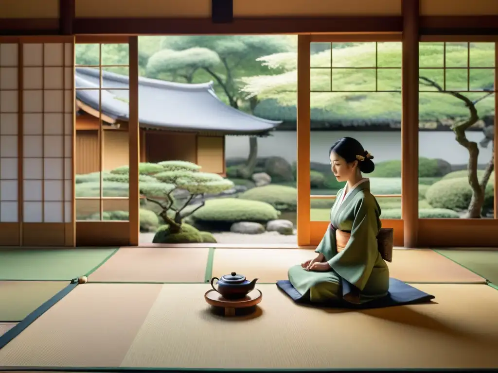 Una ceremonia del té en Asia: escena serena con maestro preparando matcha en jardín japonés