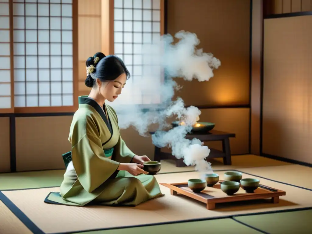 Una ceremonia del té en Asia: un escenario sereno de una ceremonia japonesa tradicional en una habitación minimalista con tatamis