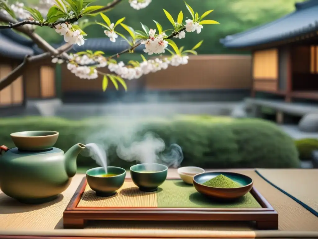 Una ceremonia del té japonés en un jardín sereno, con una anfitriona en kimono sirviendo té matcha