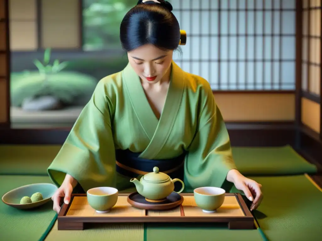 Una ceremonia del té japonesa detallada y realista, combinando té verde, platos asiáticos, en un ambiente sereno y elegante