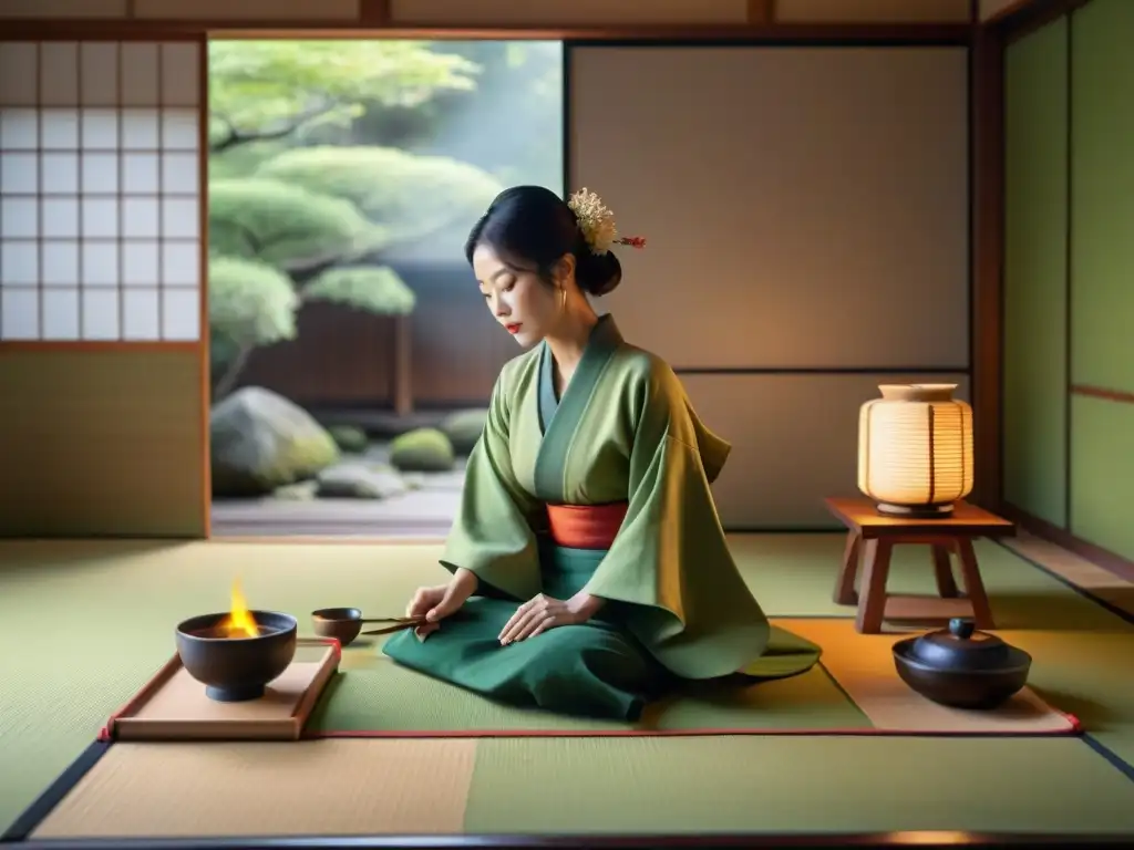 Ceremonia japonesa del té matcha en una habitación minimalista y serena, destacando la historia del té matcha ceremonias