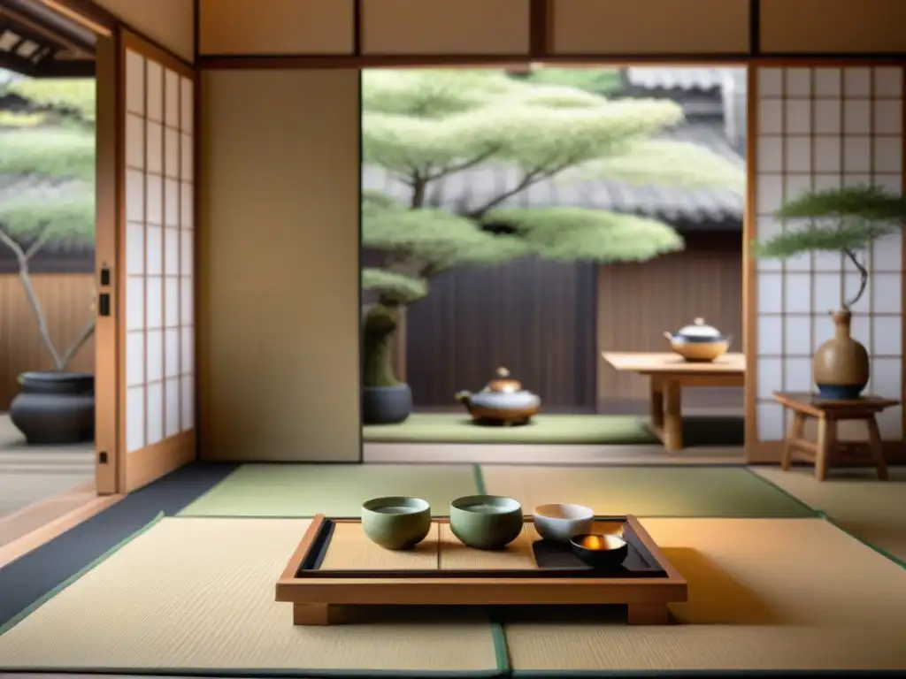 Una ceremonia del té japonesa en una habitación serena con decoración elegante y luz suave