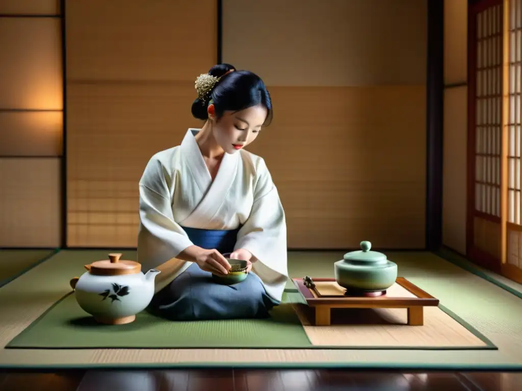 Una ceremonia del té japonesa en una sala serena, con un maestro vistiendo kimono y maridajes gourmet con tés japoneses