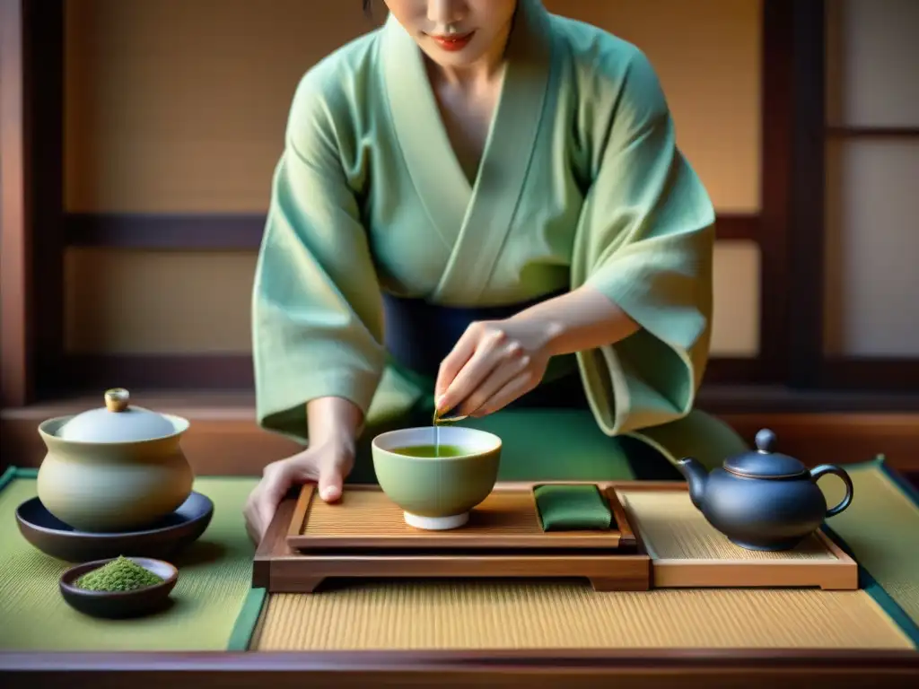 Una ceremonia del té japonesa en una sala serena, con una anfitriona en kimono vertiendo té verde en tazas de porcelana