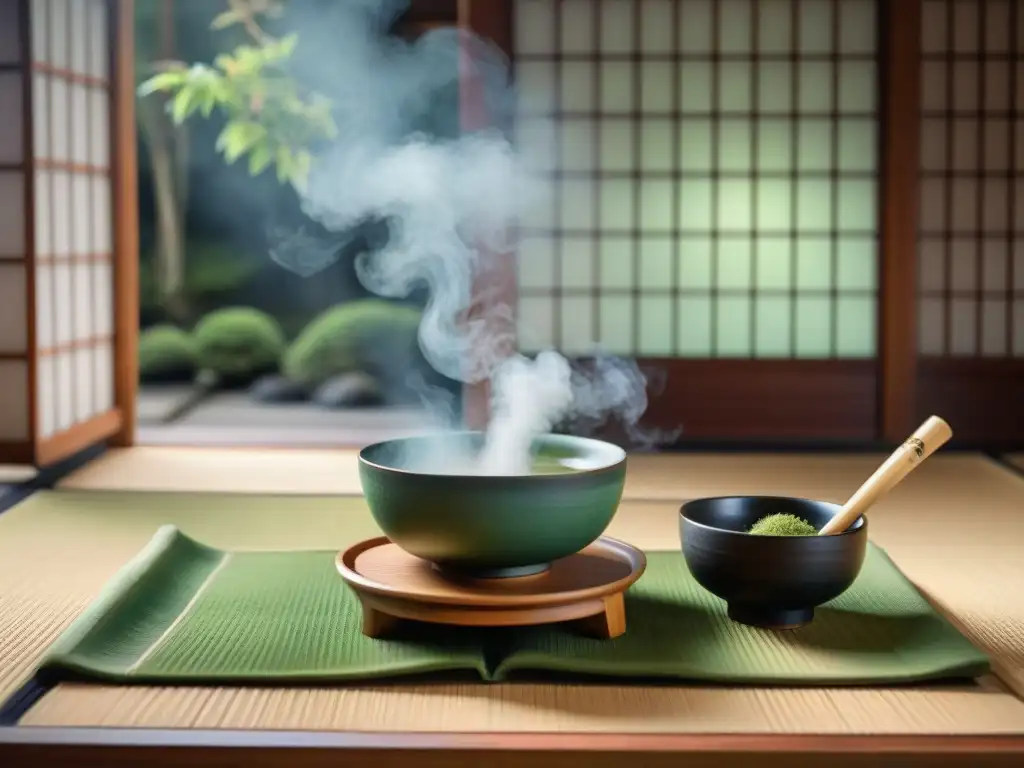 Una ceremonia del té japonesa tradicional en una sala serena con un set de té exquisito