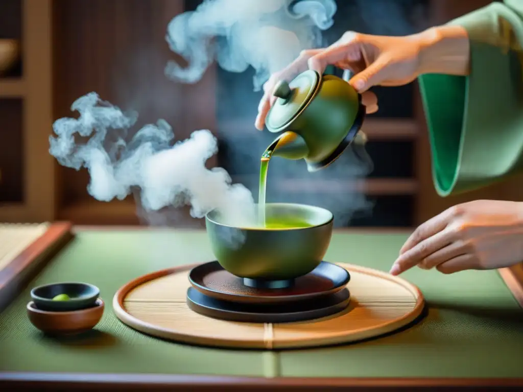 Una ceremonia del té en Asia: el maestro vierte matcha en una taza de porcelana, con vapor y utensilios de bambú