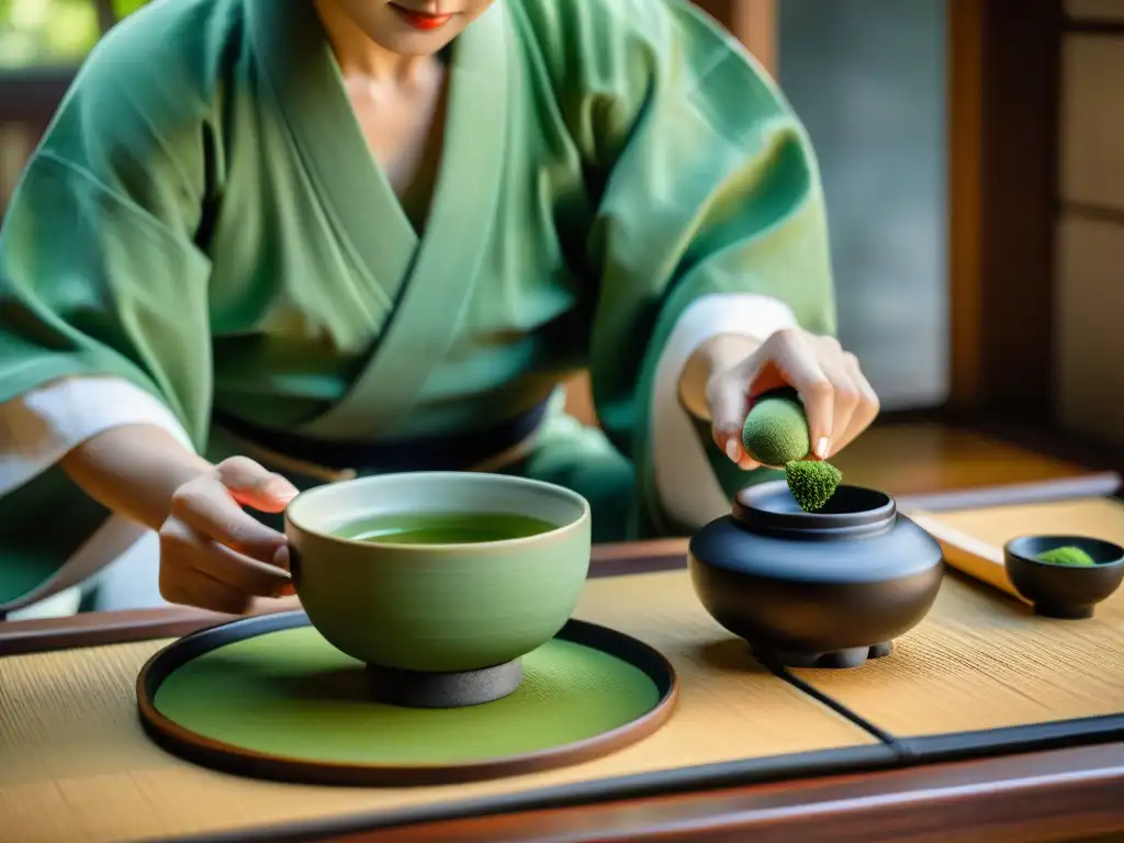 Una ceremonia del té matcha japonesa con elegancia y tradición en una habitación minimalista de tatami