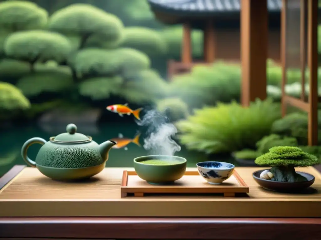 Una ceremonia de té japonesa en un jardín sereno con set de té y polvo matcha