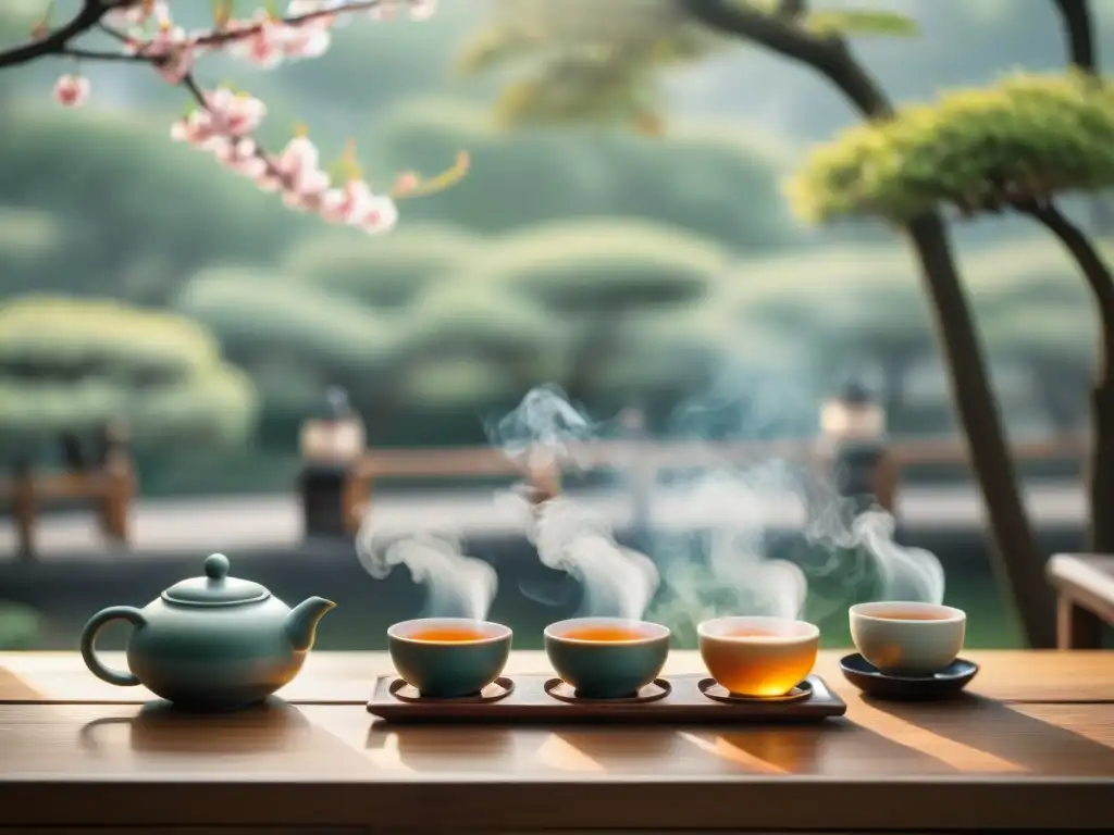 Una ceremonia de té tradicional china con Té Oolong beneficios y preparación, en un jardín tranquilo con cerezos en flor