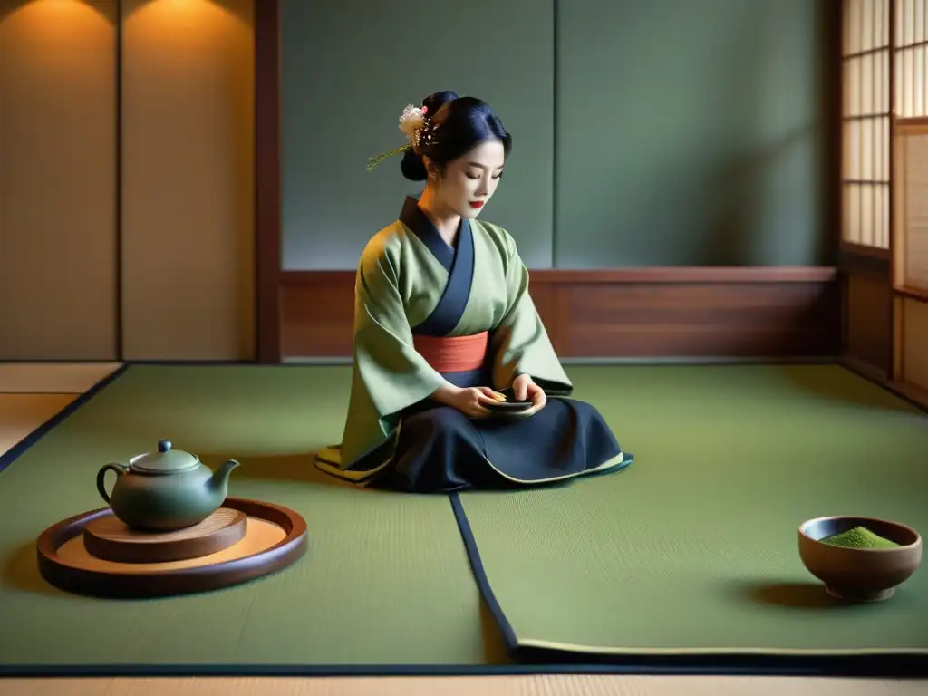 Una ceremonia del té matcha en una habitación tradicional japonesa