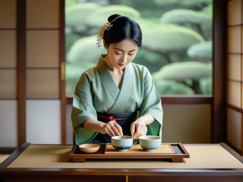 Una ceremonia del té tradicional en Japón, con un maestro sirviendo té con elegancia en tazas delicadas