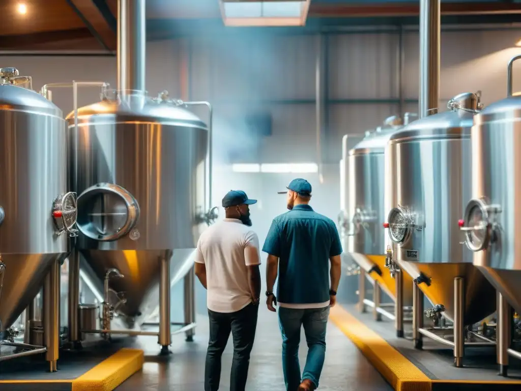 Cerveza artesanal siglo XXI: Moderna cervecería con trabajadores atendiendo cuidadosamente el proceso de elaboración entre luces industriales