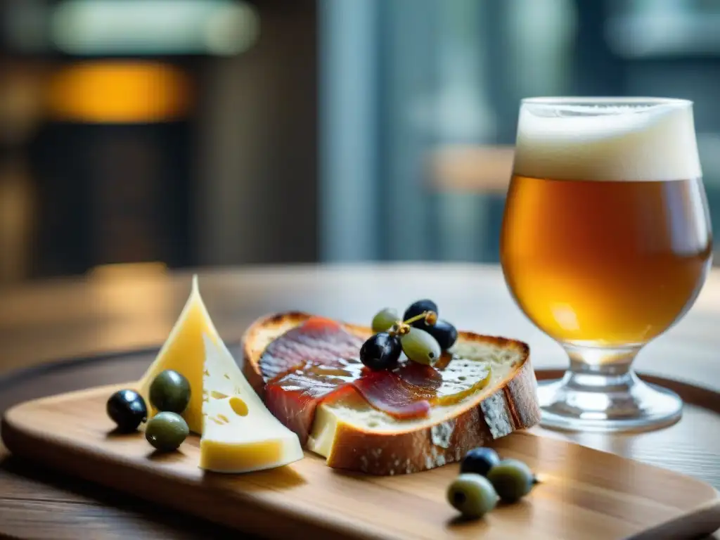 Una cerveza Session Ale de color ámbar con burbujas, en una mesa de madera junto a una tabla de embutidos y quesos