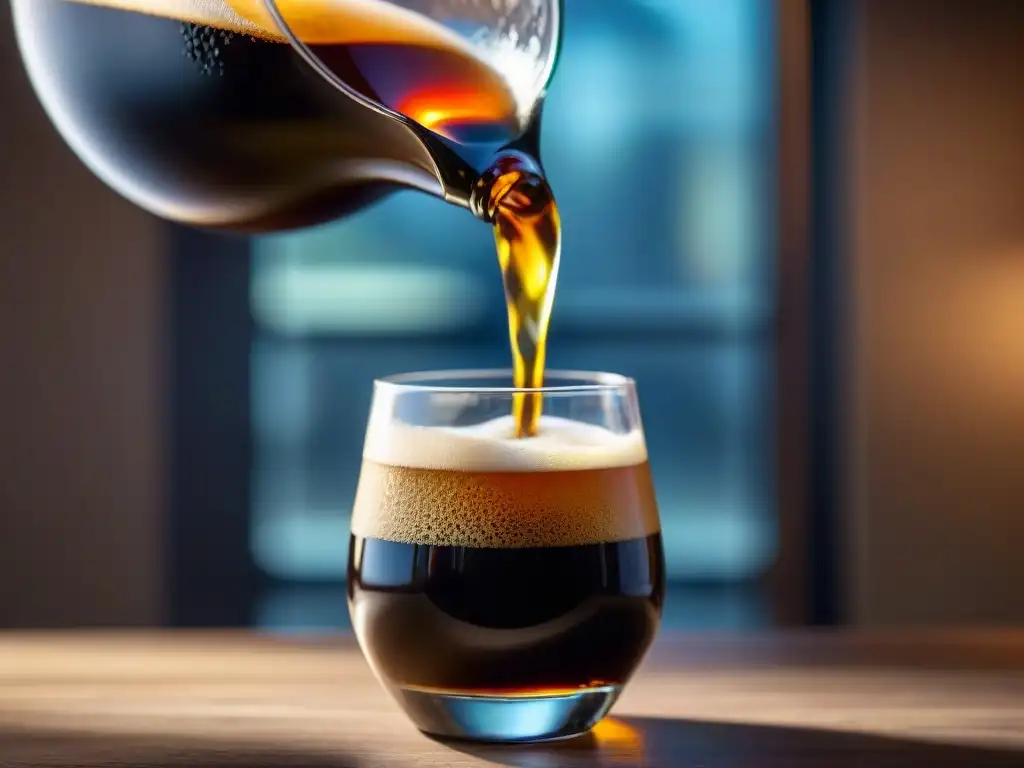 Una cerveza Imperial Stout oscura se vierte en un elegante vaso cristalino, destacando su espuma cremosa