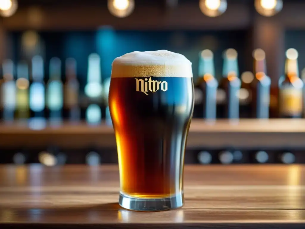 Una cerveza Nitro suavidad revolucionaria en vaso sobre barra de madera, burbujas y crema, ambiente sofisticado