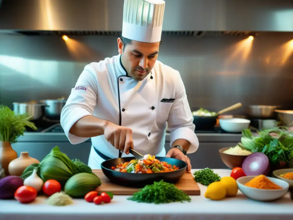 Chef Gastón Acurio prepara un ceviche con maestría en una vibrante cocina peruana