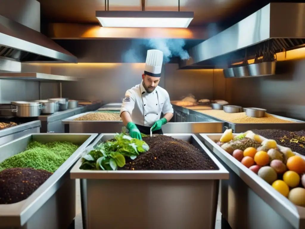 Chef agobiado por problemas comunes compostaje en restaurantes, con cocina caótica, desorden y olores intensos