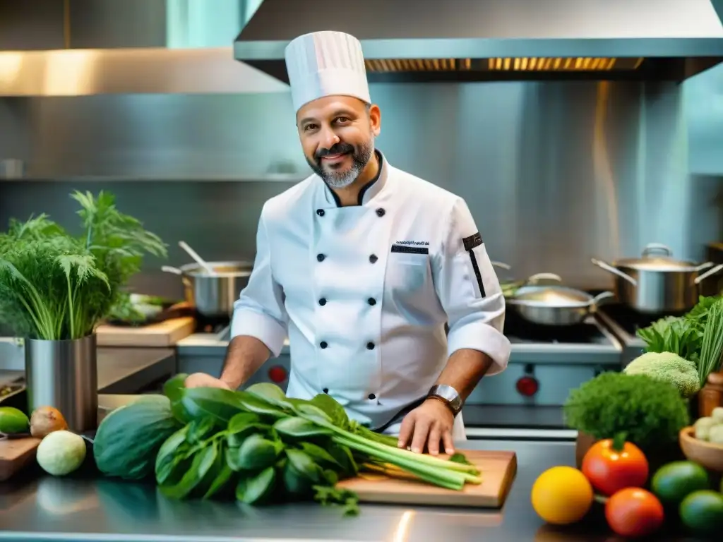 Un chef de alta cocina sostenible, futuro deleite, seleccionando ingredientes frescos en cocina moderna y ecoamigable