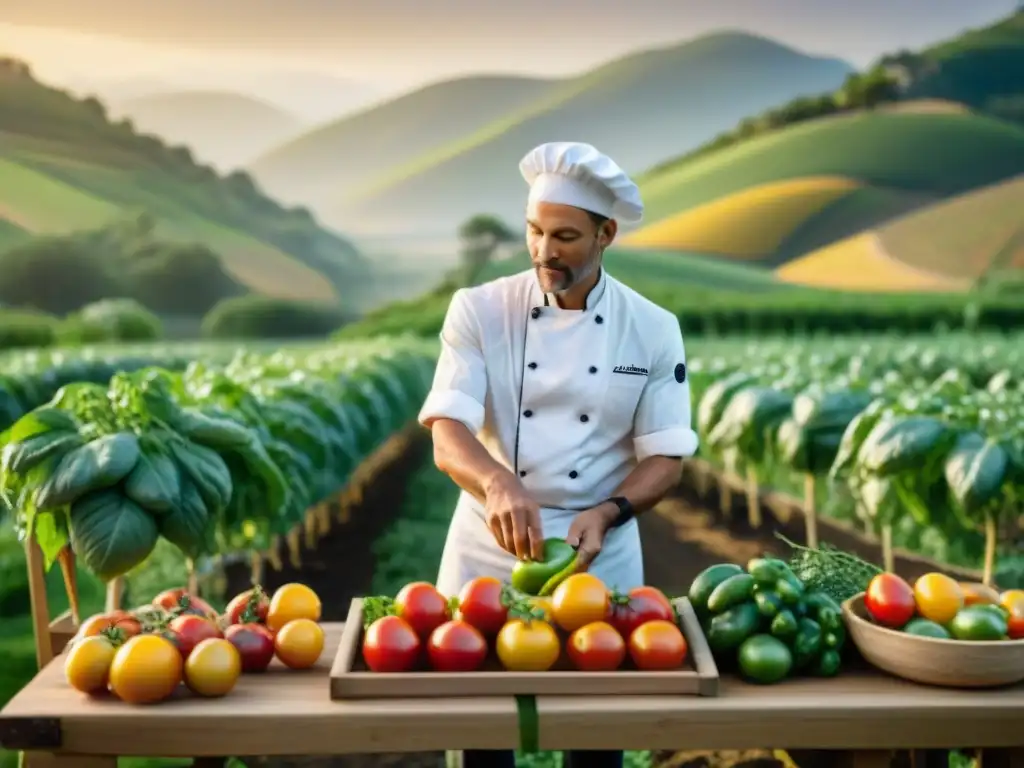 Un chef de alta cocina selecciona tomates orgánicos en una granja agroecológica, reflejando la unión de la gastronomía sostenible con la naturaleza